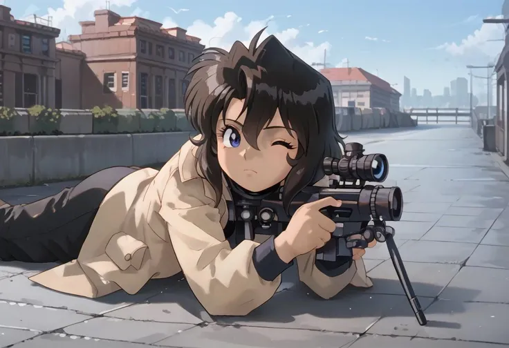 score_8, score_8_up, score_7_up, gnsmth BREAK gnsmth, 1girl, female focus, solo, rally, dark-skinned female, black hair, blue eyes, short hair, tan coat, black pants, full body, Laying on floor, on stomach, Sniper, scope, Aiming, one eye closed, outdoors, rooftop