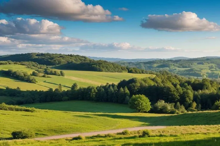 a beautiful landscape, trees, rolling hills