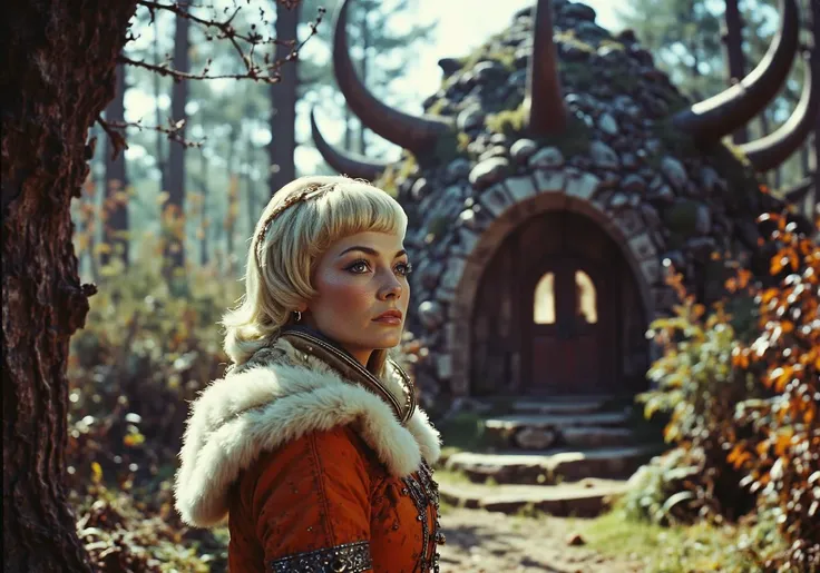 Vintage Sci-fi A vintage science fiction illustration featuring a dwarven woman with a platinum hairstyle, dressed in conceptual mohair trimmings, standing confidently at the entrance of her private dwelling. The dwelling is nestled within a horned temperate forest, with the blue hour glow of the setting sun casting long shadows across the scene. The image employs a bokeh effect and a depth of field equivalent to 100mm lens, placing emphasis on the subject while subtly hinting at the expansive environment around her. The composition reflects a queencore aesthetic, capturing the subject's regal presence and strength.