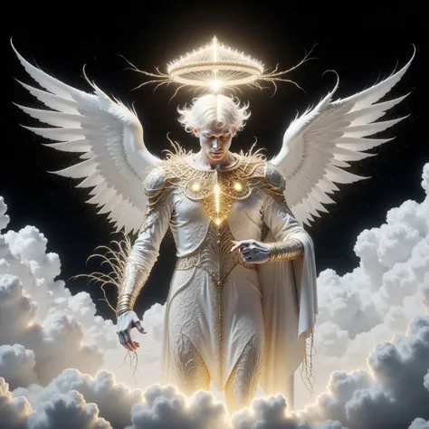 glass black-toned Surrealism photo of a abyssal futuristic clothed winged angel among the clouds in a bright pristine hell, intricate white and black and brass ebru, impossible, busy, billowing dark glitter, very detailed <lora:Electrified Flux_epoch_6:1>