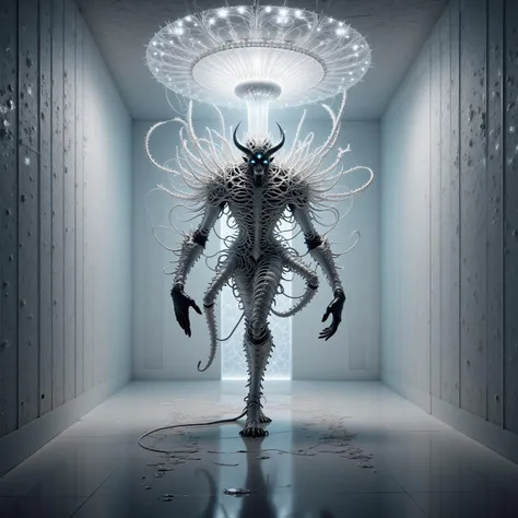An intricate futuristic image. dark demon in a white room <lora:Electrified Flux v1:1>