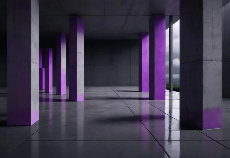 purple cubes, pillars and recangles made of concrete, dark sky, gray floor,