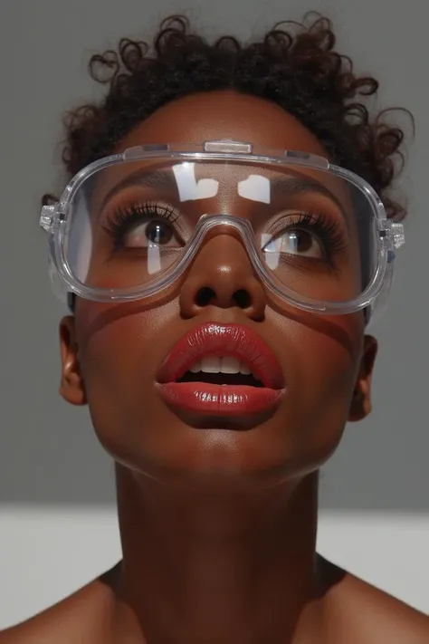 The image is a high-resolution photograph of a person with a dark skin tone, focusing on their face. The subject is wearing clear, protective goggles that cover their eyes and part of their forehead. The goggles are made of a clear, plastic material with a slight reflective quality, providing a glossy finish. The person's facial features are prominent, with a strong jawline and full lips painted in a bold, bright red lipstick.
