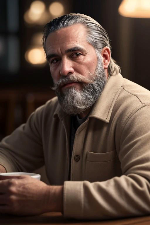 Rugged scruffy weathered old man, a portrait of a handsome man with a rugged, thick beard, longer hair slicked back, capturing a slightly befuddled expression, he is sitting at the table, focus is on his facial expressions and the subtle details like the texture of his long beard and the glint in his eyes, cozy, moody cinematic atmosphere, soft cinematic light, RAW photo, dreamy soft focus, detailed photo, gorgeous, shallow depth of field, bokeh, volumetric lighting, iridescent skin, (surreal:0.4), hyper detailed photorealistic life-like accurate proportional 8k sharp focus, (accurate cinematic lighting), photorealistic