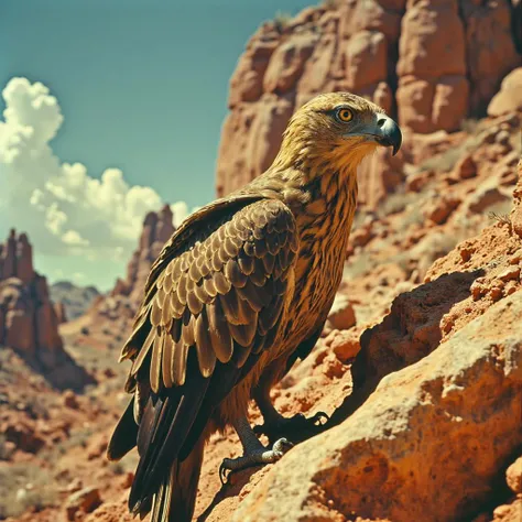 Vintage Sci-fi A vintage sci-fi painting depicting a vampiric golden eagle as the central subject. The eagle is perched on an assistant's shoulder, basking in warm, sunlit tones.
