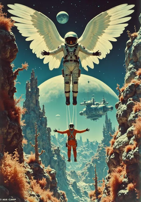 Vintage Sci-fi Vintage Sci-fi: "Colossal Angelic 'Skydiving Instructor'" F/5 Assistant - Color, in the style of Simon Stålenhag's artbooks, depicting a towering angel providing guidance to an overwhelmed rookie astronaut. The scene shows the instructor mid-leap, arms outstretched, descending from a wormhole-like void that reveals an alien world teeming with bioluminescent flora and fauna. The rookie is seen floating safely below, tethered by a glowing cable, showcasing the instructor's protective stance. Behind them, a colossal space station orbits a gas giant, casting long shadows over the landscape below.
