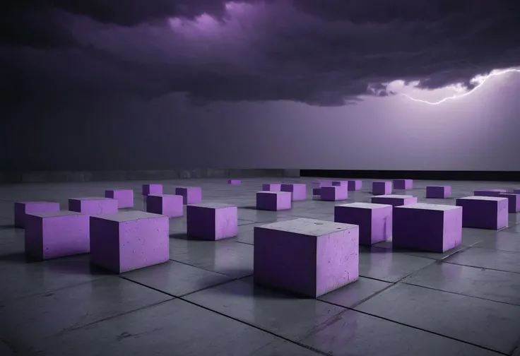 purple cubes made of concrete, dark sky, gray floor,