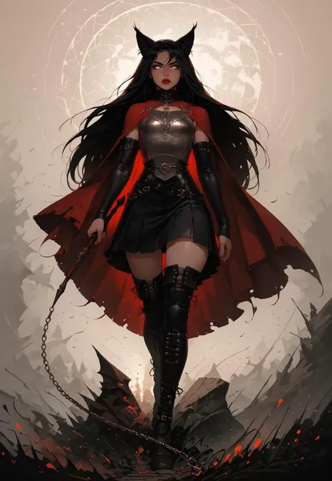 safe_pos, (score_9, score_8_up:1.1), score_7_up, 1girl, sexy, white eyes, no pupils, red lips, lynx ears, black hair, very long hair, small breasts, (thick thighs), metal death knight armor, ((steel breastplate)), pauldrons, gladiator skirt, petard, (laced leather pants), thigh boots, long red cape, holding a chain whip, dungeons and dragons, goddess, (walking through a fantasy hell), dynamic angle, side view