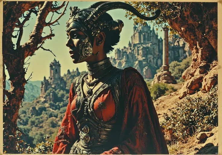 Vintage Sci-fi Vintage Sci-fi illustration featuring Sudanese Ereshkigal, the Sumerian goddess of the underworld, in a foul mood. She's depicted with traditional Neogothic art elements in the beautiful French countryside. The scene is beautifully lit to accentuate her regal features and the overall gloomy atmosphere. The illustration showcases an offset print style, emphasizing texture and depth.