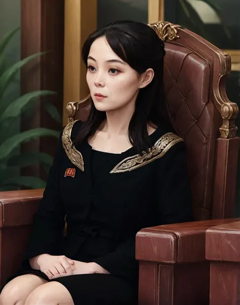 (girl kimyojong), black dress, sitting on a red throne, long hair, crossed legs, <lora:kimyojong_SFW:.8> <lora:LowRA:.3>