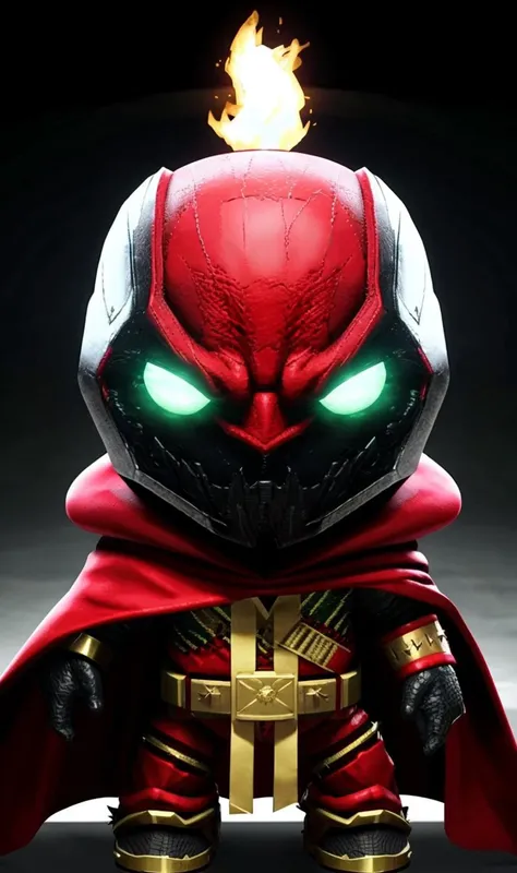 sackb2023, toy, 8k, hd, trending on arstation, spawn2023, red cape, spike armor, glowing green eyes, black suit, red gauntlets,