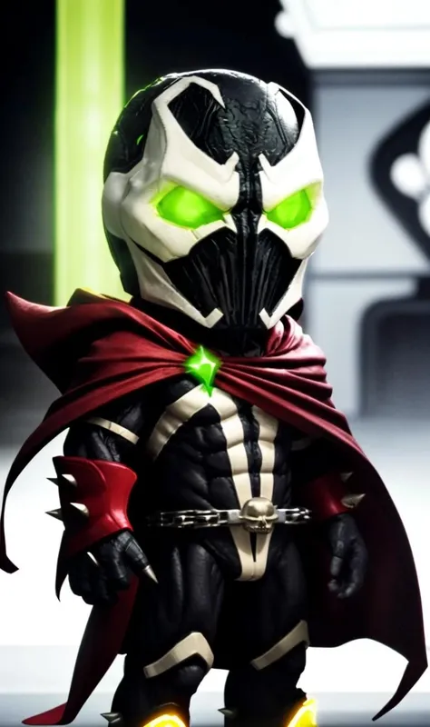 sackb2023, toy, 8k, hd, trending on arstation, spawn2023, red cape, spike armor, glowing green eyes, black suit, red gauntlets, chains, mask, skulls,