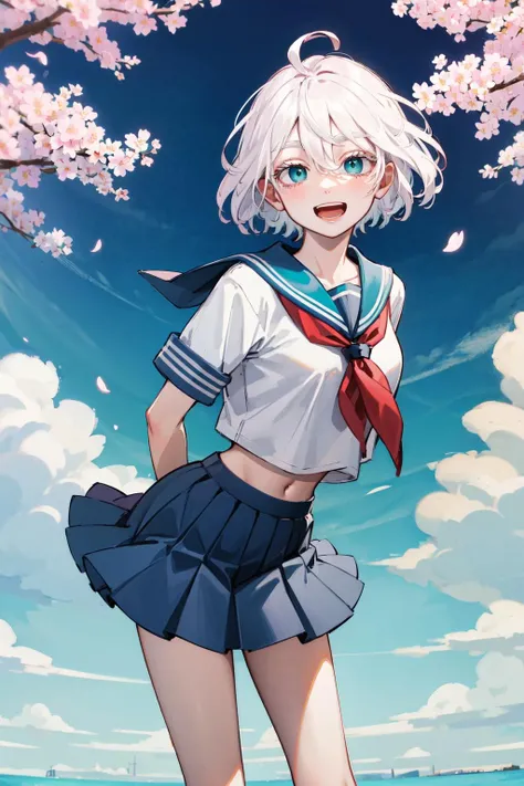 masterpiece, best quality, highres, 1girl, solo, short hair, white hair, floating hair, ahoge, hair between eyes, colored eyelashes, aqua eyes, serafuku, sailor collar, red neckerchief, shirt, short sleeves, midriff, pleated skirt, blue skirt, <lora:kawaragi_senju_v1:0.7>, standing, cowboy shot, outdoors, park