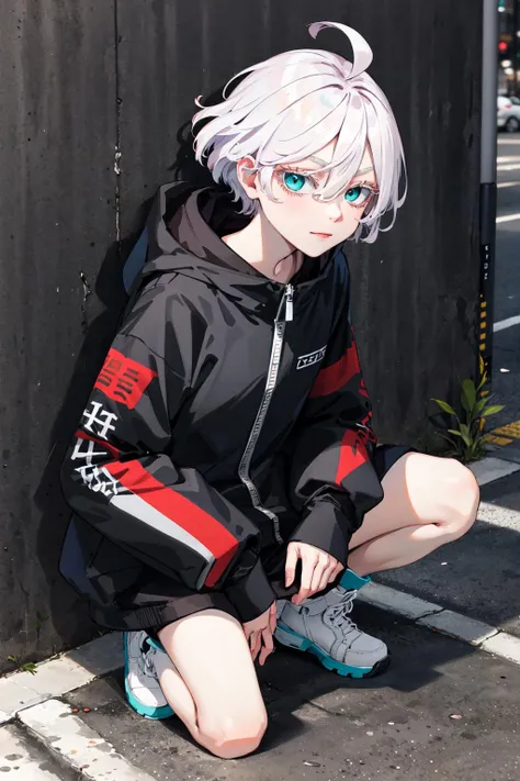 masterpiece, best quality, highres, 1girl, solo, short hair, white hair, floating hair, ahoge, hair between eyes, colored eyelashes, aqua eyes, high collar, black jacket, hooded jacket, zipper pull tab, long sleeves, sleeves past wrists, bare legs, <lora:kawaragi_senju_v1:0.7>, standing, cowboy shot, closed mouth, street, outdoors, wall, squatting,