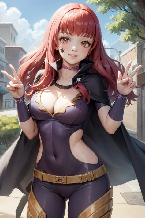 (masterpiece, best quality:1.2), <lora:fireemblem_yunaka-10:1>, cowboy shot, solo, 1girl, yunaka, smile, looking at viewer, waving, star hair ornament, bodysuit, cape, belt, choker, cleavage