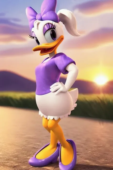 uploaded on e621, portrait of Daisy Duck (purple bow on head), (ponytail), (flat torso), (tailfeathers), (blush), (open mouth smile), (female cartoon duck), (yellow legs), (avian), BREAK. (8k), (detailed lighting), (sunset), (side view), (hand on hip), (3d), ((detailed feathers)), (perfect face), ((looking at viewer)), (by qupostuv35:1.0), [sunrays], [perfect 4k lighting], ((depth of field)), (suggestive content), ((best quality)), (((masterpiece))), BREAK, spread legs, pussy, front view, nipples, nude