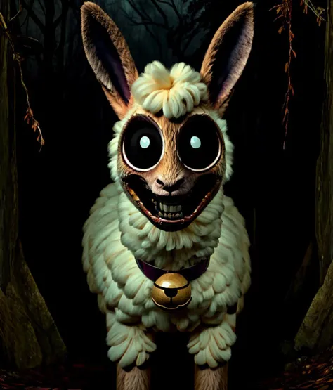 furry,alpaca_carlesi,long neck,big eyes,black eyes,crazy grin,bunny ears,bell choker,fluffy,looking at viewer,all fours,full body,blood_trail,outdoors,night,forest,darkness,horror \(theme\),Hungry Lamu,<lora:Hungry_Lamu_v1:0.8>,<lora:Horror_Trevor_Henderson_v1.0:0.5>, Trevor Henderson,
