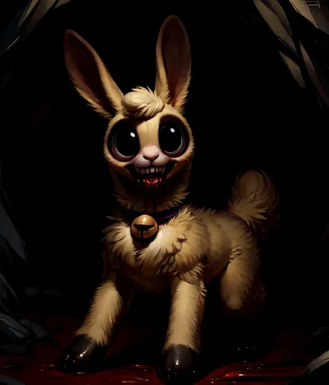 (bunny), solo, young, cub, chibi, brown fur, ((fluffy brown hair)), (brown bunny ears), brown eyes, snout, feminine face and body, (nude), (((big canine penis))), ((knot)), big balls, wide hips, (scared), up close, on knees, ((blindfolded)), ((tied up)), ((bondage)), ((bruises)), ((scars)), ((wounds)). ((blood)), (bleeding), gore, ((TNT)), explosives, fuse, dungeon, dark room, chains, Very good figure, extremely detailed, cinematic lighting, volume lighting, masterpiece, best quality