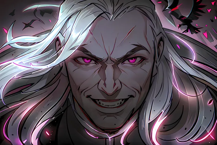 <lora:Swain:1>, Swain, laughing, looking at viewer, dark purple eyes, dark purple lights, dramatic lightning, white long hair, high quality, highres, aged down, handsome, high saturation, crows, crows background, detailed crows, crows eye