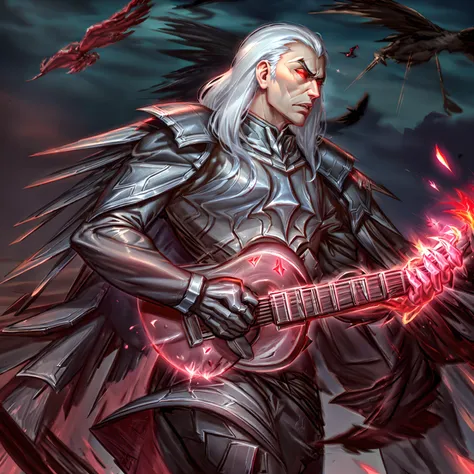 <lora:Swain:1> (swain : 1.5), (holding electro guitar : 1.5), (at the stand), (dramatic lighting), (holding red glove), (sparkles around glove), (muscular male), crows around, long hair, (red eyes), (5 fingers), <lora:more_details:0.5>, (in a city), <lora:colorize:0.5>,