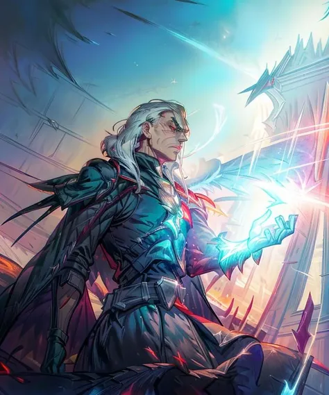 <lora:Swain:0.8> solo, (swain : 1.5), standing, looking away, good vibes, (in a cloak : 1.1), (holding blue glove : 1.1), (crows around : 1), long white hair, (lightning glove), tough texture, (masterpiece, top quality, best quality, official art), <lora:colorify:0.65>, (sparkles on glove : 1.2), <lora:more_details:0.75>
