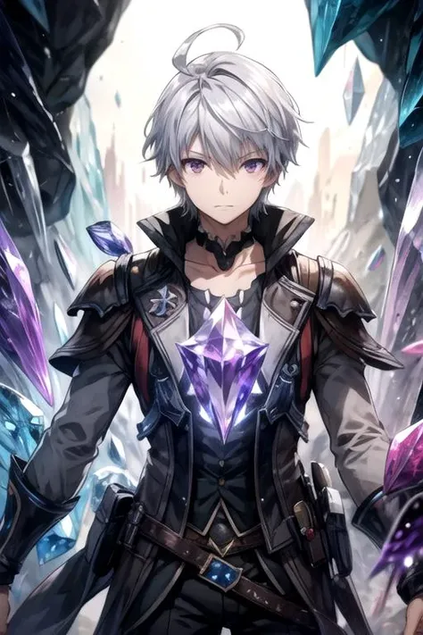 masterpiece, best quality, sketch, 1boy, solo, male focus, looking at viewer, , depth of field, <lora:liu_mi:0.72>, liu_mi, grey hair, purple eyes, , The Crystal Cave: A fantastical place where gemstones and crystals grow in abundance,