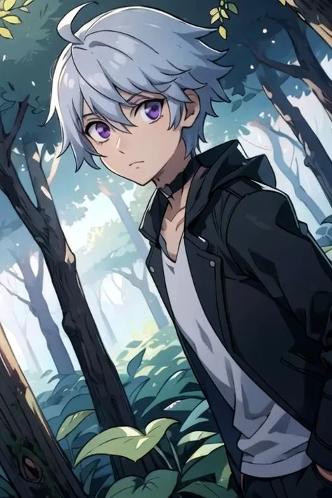 masterpiece, best quality, game cg, 1boy, solo, male focus, looking at viewer, , depth of field, <lora:liu_mi:0.72>, liu_mi, grey hair, purple eyes, , An enchanted forest where magical creatures and plants abound,