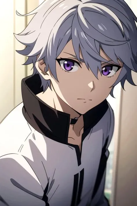 masterpiece, best quality, wallpaper, 1boy, solo, male focus, looking at viewer, upper body, depth of field, <lora:liu_mi:0.70>, liu_mi, grey hair, purple eyes