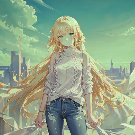 masterpiece, best quality, ultra-detailed, beautiful lighting, solo, 1girl, large breasts, tight jeans, blonde hair, green eyes, oversized clothes, baggy clothes, white sweater, standing up, in park, beautiful scenery, slight blush, smiling, (cute smile:1.1), (glossy lips:1.2), (beautiful eyes:1.1), wonderful background, closed mouth, arms_behind_back, <lora:TurtleLily:1>