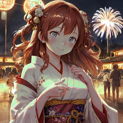 masterpiece, best quality, highres, photorealistic, detailed, depth of field, no lineart, portrait, perspective, 1girl, solo, large breasts, smile, brown hair, medium hair, blue eyes, eye focus, shiny skin, happy, white yukata, pink print, two two side up, festival, Japanese, night, fireworks, night sky, people, crowd, backlighting, <lora:TurtleLily:1>