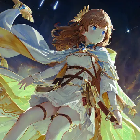 masterpiece, best quality, detailed, solo, 1girl, large breasts, brown hair, very long hair, blue eyes, small breasts, dress, shawl, atmospheric perspective, wide shot, (light smile:.5), space, comet, ((floating)), (glowing:1.4), <lora:TurtleLily:1>