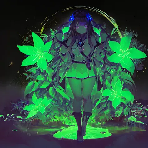 Space, (Glowing neon:1.1) (lineart:1.3), 1girl, highly detailed face, (mystical bioluminescent flowers:1.3), mid shot, full body, a somber expression, sadness, (dark background:1.2), (darkness:1.2), a beautiful vortex of energy swirling around her, vibrant colors, finding beauty in the darkness, superb, 8k wallpaper, extremely detailed, (thick brush strokes:1.3), intricate, (oil painting:0.9), limited palette, glowing eyes, fireflies, glowing, portrait, upper body, large breasts <lora:TurtleLily:1>