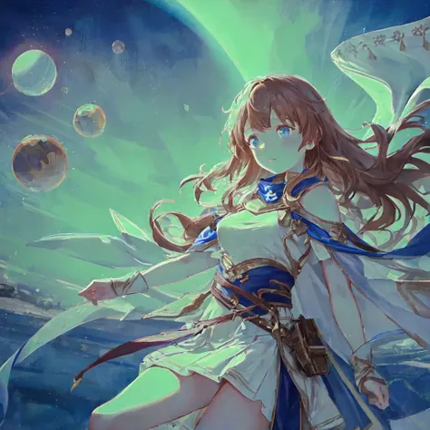 masterpiece, best quality, detailed, solo, 1girl, large breasts, brown hair, very long hair, blue eyes, small breasts, dress, shawl, atmospheric perspective, wide shot, (light smile:.5), space, comet, ((floating)), (glowing:1.4), <lora:TurtleLily:1>