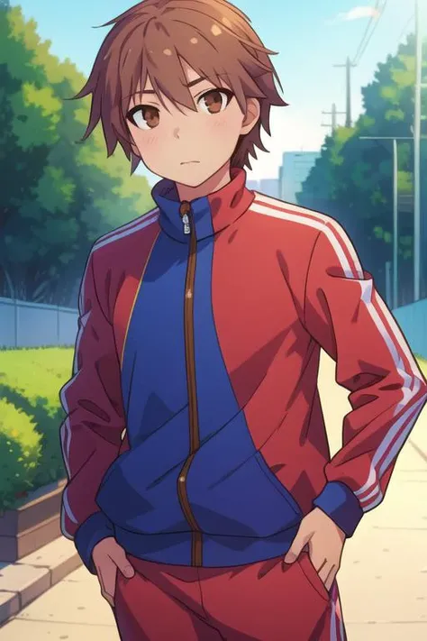 masterpiece, best quality, , 1boy, solo, male focus, looking at viewer, , depth of field, <lora:sorata_kanda:0.74>, sorata_kanda, brown hair, brown eyes, track suit,