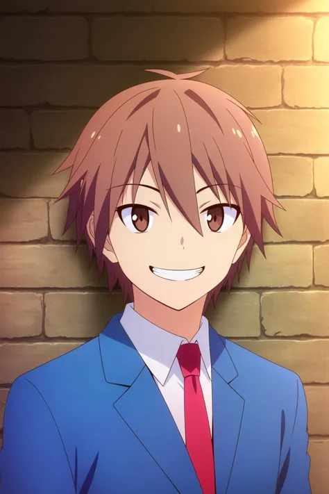 masterpiece, best quality, 1boy, sorata_kanda, close up, upper body, looking at viewer, against wall, brick wall, happy, grin, blue jacket, white shirt, red necktie,