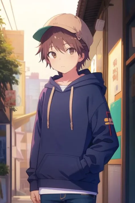 masterpiece, best quality, illustration, 1boy, solo, male focus, looking at viewer, , , <lora:sorata_kanda:0.74>, sorata_kanda, brown hair, brown eyes, hoodie, hat