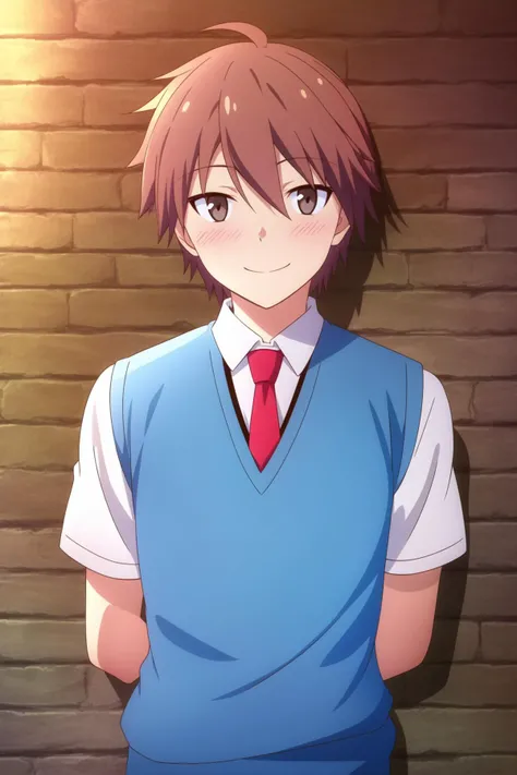 masterpiece, best quality, 1boy, sorata_kanda, hands behind back, upper body, looking at viewer, against wall, brick wall, nervous smile, light blush, closed mouth, blue sweater vest, white shirt, red necktie, blue pants,