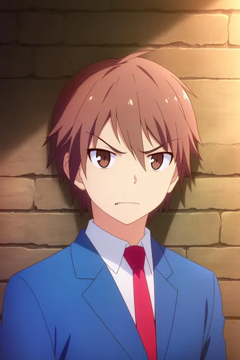 masterpiece, best quality, 1boy, sorata_kanda, close up, upper body, looking at viewer, against wall, brick wall, annoyed, blue jacket, white shirt, red necktie,