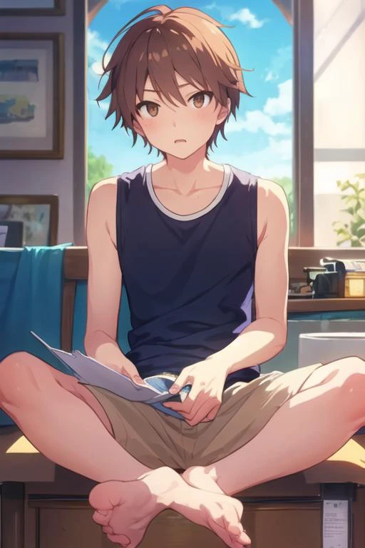 masterpiece, best quality, illustration, 1boy, solo, male focus, looking at viewer, , , <lora:sorata_kanda:0.64>, sorata_kanda, brown hair, brown eyes, tank top,