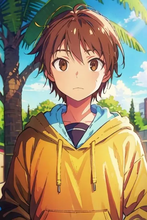 masterpiece, best quality, , 1boy, solo, male focus, looking at viewer, upper body, depth of field, <lora:sorata_kanda:0.70>, sorata_kanda, brown hair, brown eyes, hoodie,