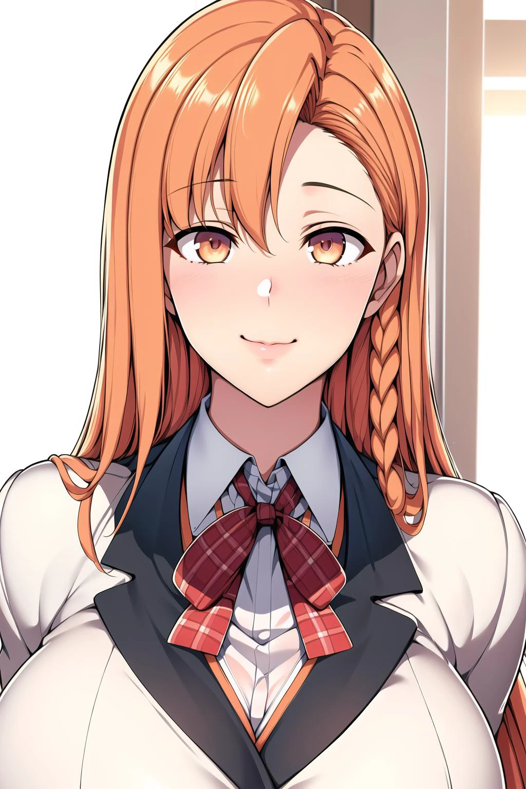 Simple Background, White Background,
White blazer,shirt,ribbon,plaid_vest,plaid_skirt,
<lora:Yuuki_Oikawa_Family_Control-KK77-V2:0.7>,smile,
orange_long_hair,orange eyes, single braid,
<lora:Oda_Non_Style-KK77-V2:0.3>,<lora:more_details:0.1>,
1 girl, 20yo,Young female,Beautiful Finger,Beautiful long legs,Beautiful body,Beautiful Nose,Beautiful character design, perfect eyes, perfect face,expressive eyes,perfect balance,
looking at viewer,(Focus on her face),closed mouth, (innocent_big_eyes:1.0),Light_Smile,
official art,extremely detailed CG unity 8k wallpaper, perfect lighting,Colorful, Bright_Front_face_Lighting,White skin,
(masterpiece:1.0),(best_quality:1.0), ultra high res,4K,ultra-detailed,
photography, 8K, HDR, highres, absurdres:1.2, Kodak portra 400, film grain, blurry background, bokeh:1.2, lens flare, (vibrant_color:1.2),professional photograph,
(Beautiful,large_Breasts:1.4), (beautiful_face:1.5),(narrow_waist),