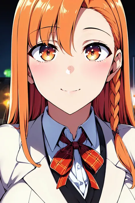 White blazer,shirt,ribbon,plaid_vest,plaid_skirt,
<lora:Yuuki_Oikawa_Family_Control-KK77-V2:0.7>,smile,
orange_long_hair,orange eyes, single braid,
1 girl, 20yo,Young female,Beautiful Finger,Beautiful long legs,Beautiful body,Beautiful Nose,Beautiful character design, perfect eyes, perfect face,expressive eyes, looking at viewer, in the center of the image,(light_smile:0.5), official art,extremely detailed CG unity 8k wallpaper, perfect lighting,Colorful, Bright_Front_face_Lighting,shiny skin, (masterpiece:1.0),(best_quality:1.0), ultra high res,4K,ultra-detailed, photography, 8K, HDR, highres, absurdres:1.2, Kodak portra 400, film grain, blurry background, bokeh:1.2, lens flare, (vibrant_color:1.2) (Beautiful,large_Breasts:1.0), (beautiful_face:1.5),(narrow_waist)