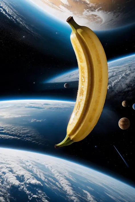 <lora:Banana:1>, realistic photo of a banana in outer space, floating above earth, (masterpiece:1.1), (best quality:1.1), (intricate details), unity 8k wallpaper, ultra detailed