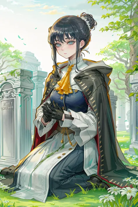 nslacka,watercolor \(medium\), 1girl, flower, joints, solo, doll joints, cloak, tombstone, sitting, tree, own hands together, grey hair, bangs, long hair, gloves, white flower, swept bangs, outdoors, blue eyes, graveyard, white hair, grey eyes, jewelry, dress, hair bun, closed mouth, ascot<lora:nslacka:1>