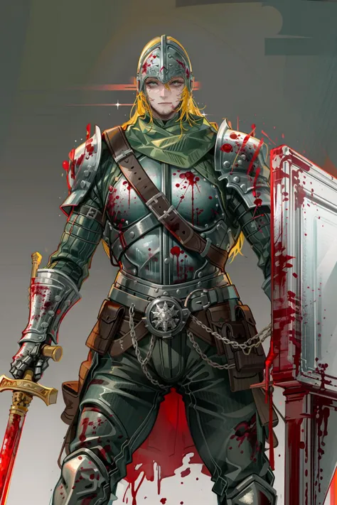 nslacka, weapon, blood, armor, sword, helmet, holding, full armor, holding weapon, shield, holding sword, multiple boys, 2boys, blood on weapon, gauntlets, knight, blood on clothes, shoulder armor, male focus, pauldrons, standing, greaves, holding shield, breastplate<lora:nslacka:1>