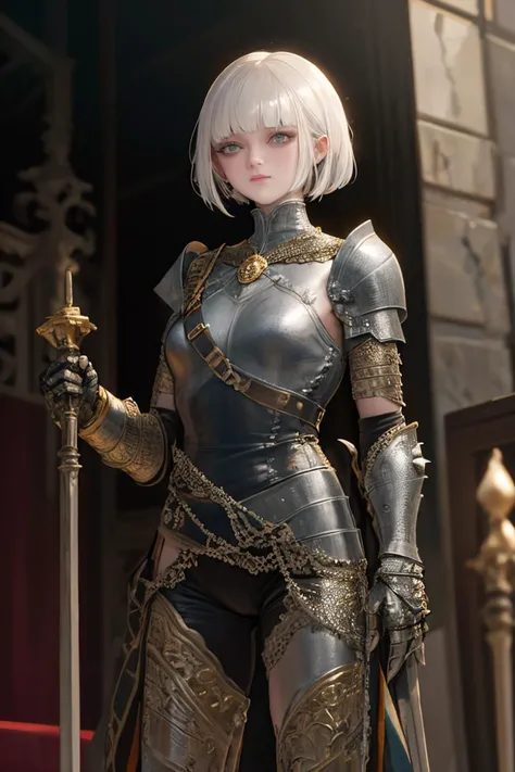 1girl, nslacka <lora:LoconLohaNslacka_loconV10:0.9>, fantasy metal spike armor, small breasts, short hair, blunt bangs, loose clothes, pauldrons, gauntlets, greaves, standing at attention
