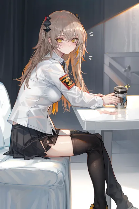 nslacka, 1girl, ump45 (girls' frontline), solo, long hair, pantyhose, yellow eyes, scar, skirt, looking at viewer, single mechanical arm, white shirt, mechanical arms, shirt, sitting, holding, scar across eye, can, black pantyhose, black skirt, feet out of frame, scar on face, cup, grey hair, closed mouth, mod3 (girls' frontline), brown hair, bangs, one side up, hair between eyes, holding can, coffee cup, prosthesis, from side<lora:nslacka:1>