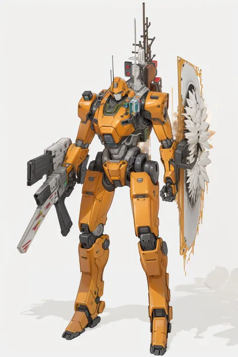 nslacka, robot, no humans, weapon, mecha, gun, solo, holding, science fiction, holding gun, holding weapon, white background, shield, standing<lora:nslacka:1>