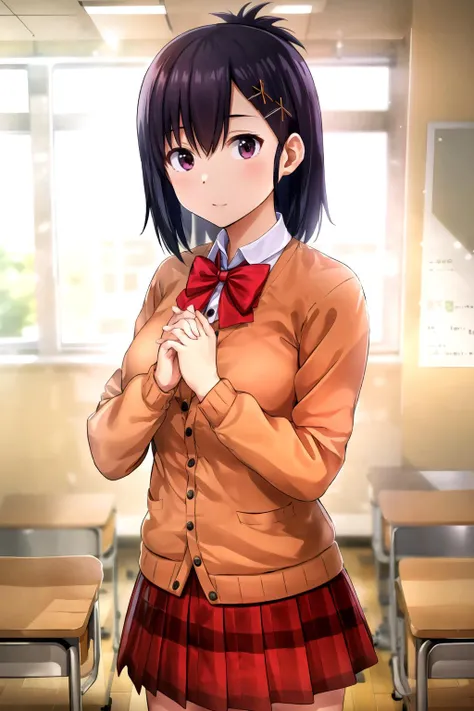 masterpiece, best quality, 1girl, <lyco:Vignette-000013:1.0>, tsukinose vignette, hairclip, skirt, shirt, bow, cardigan, classroom, standing, looking at viewer, own hands together