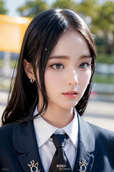 best quality, masterpiece, (photorealistic:1.4), Closer Up:1.4, 1 girl, uniform school, suit school, necklace, cute, ((in school:1.4)), outside, big boobs, -- ((Face Details:1.7)) -- <lora:KSohee-01:1>